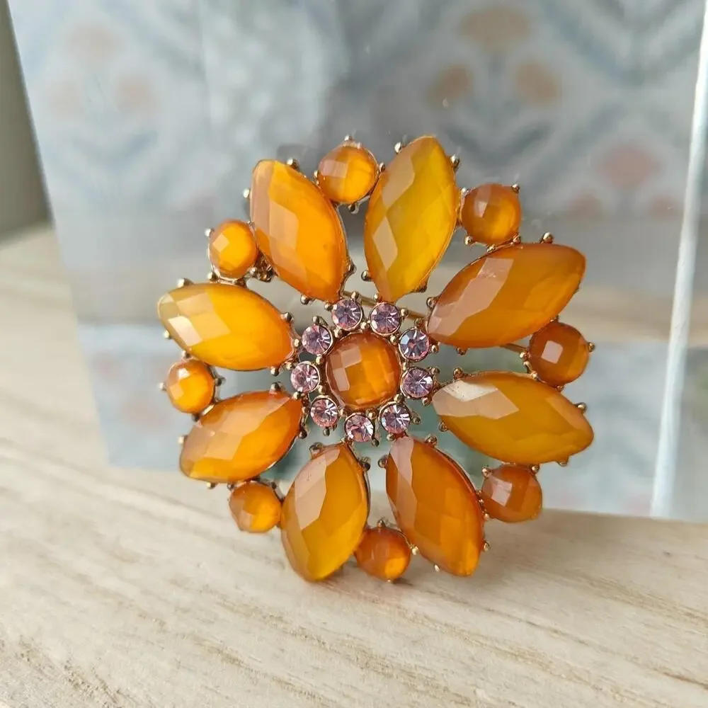 Liz Claiborne signed orange and pink floral glass brooch
